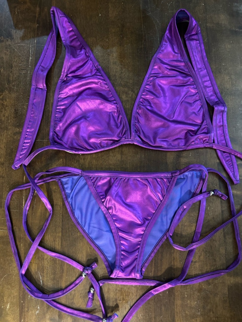 New with Defects Metallic Purple Cloris Murphy Tri-Top Tie Side Bottom Bikini
